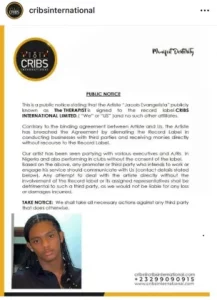 Cribs International Limited Release Statement About Its Artiste, Jacob Evangelista The Therapist
