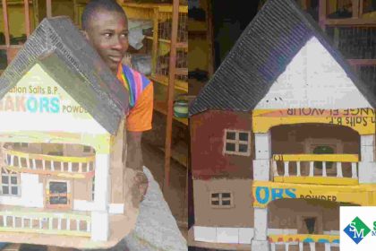 Talented Nigerian Kid Living in Sierra Leone Created A One Storey House Using Cardboard.