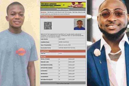 Nigerian Artiste, Davido awards 5-year scholarship to poor boy who cannot afford university education despite having 100% score in high school