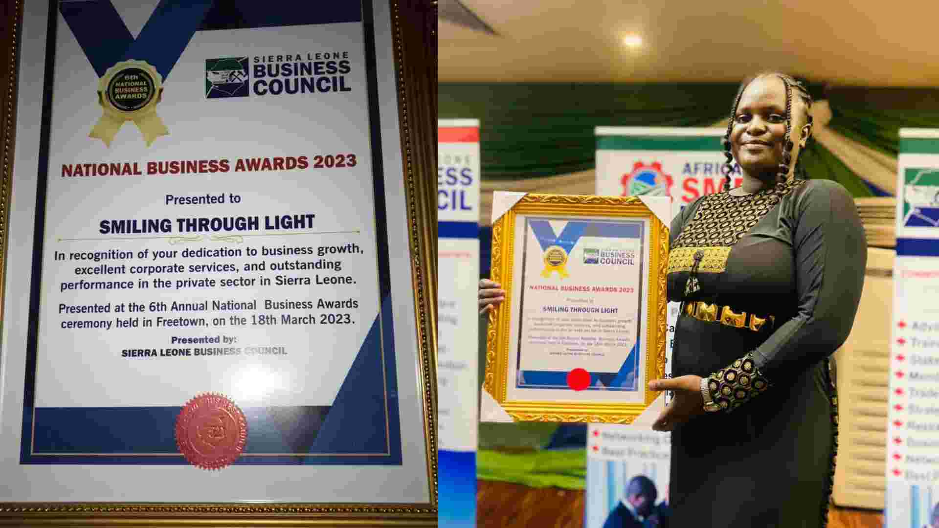 Smiling Through Light Receives National Business Award 2022 2023 from Sierra Leone Business Council Smiling Through Light Receives National Business Award 2022/2023 from Sierra Leone Business Council